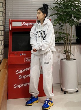 现货韩国东大门春秋女士棉字母连帽卫衣卫裤套装运动休闲潮麻白色