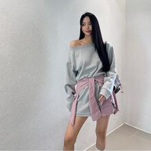 韩国代购2025春季新款女士露肩卫衣格纹绑带短裙套装洋气减龄时尚
