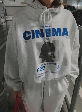 现韩国代购2024秋冬季女加绒棉麻白色人像连帽慵懒风卫衣裤套装