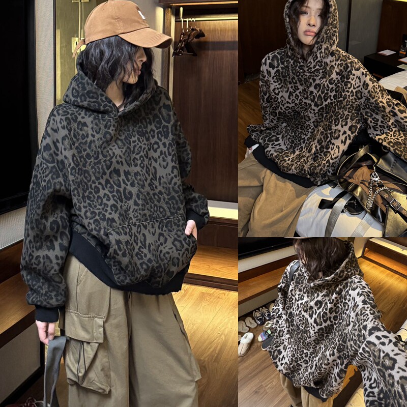 复古豹纹风连帽卫衣女秋冬加厚潮