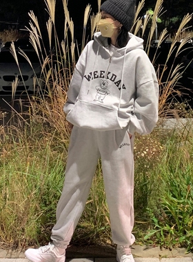 现货韩国春秋季女装毛圈棉小熊连帽卫裤俩件套装麻白色运动休闲