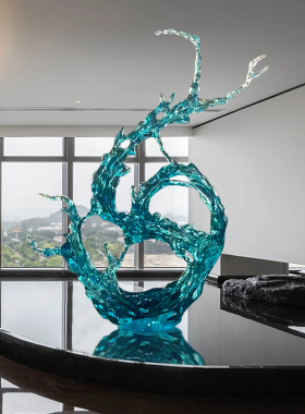 酒店大堂轻奢透明浪花树脂摆件样品屋展示中心样板间落地雕塑软装