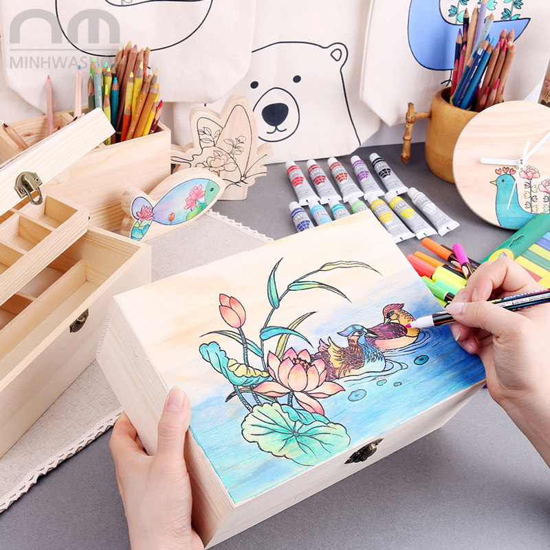 木质收纳盒 桌面储物盒家用双层实木妆品韩式diy手工绘画收纳盒子