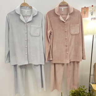 家居服甜美可外穿 女式 香蜜闺秀薄绒开扣牛奶绒25403007长袖 套装