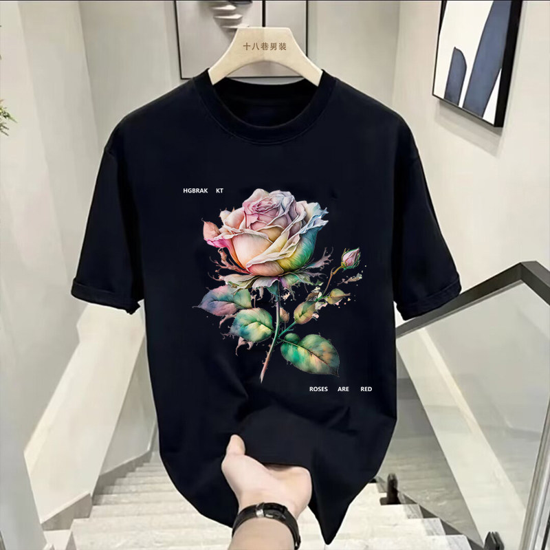 新潮牌玫瑰印花夏季男短袖t恤潮流美式大码半袖圆领宽松重磅上衣