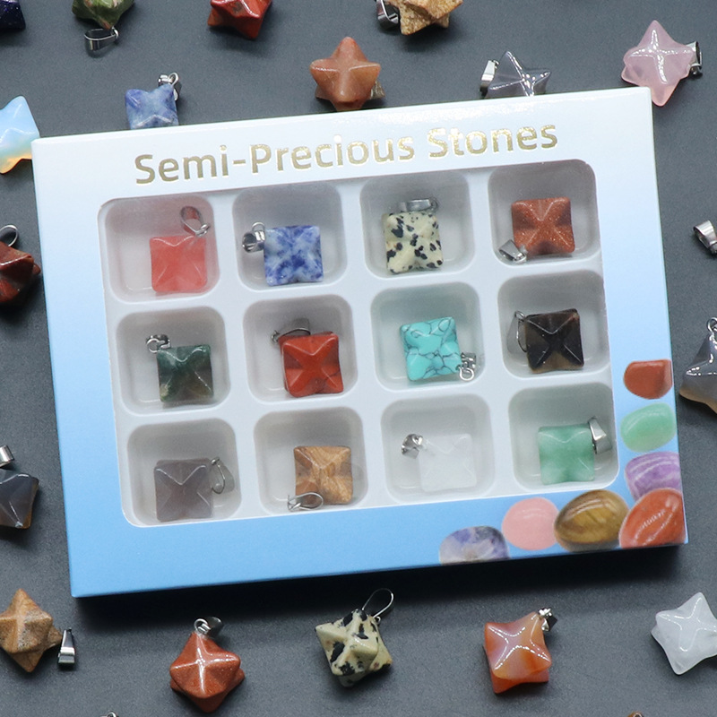 1283-Merkaba卡巴星吊坠12颗彩盒 天然水晶半宝石梅尔卡巴大卫星