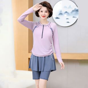 泡温泉泳装 妈妈泳衣中老年女保守分体运动遮肚显瘦长袖 防晒大码