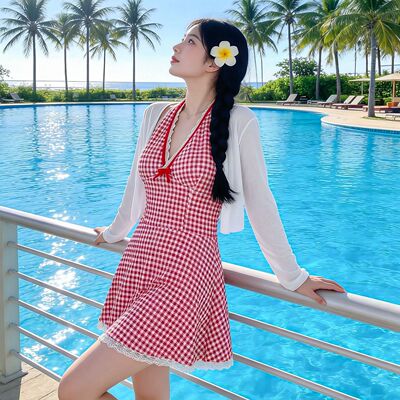 防晒红色格子元气多巴胺显瘦连泳衣挂脖夏日海边小裙子超仙纯欲风