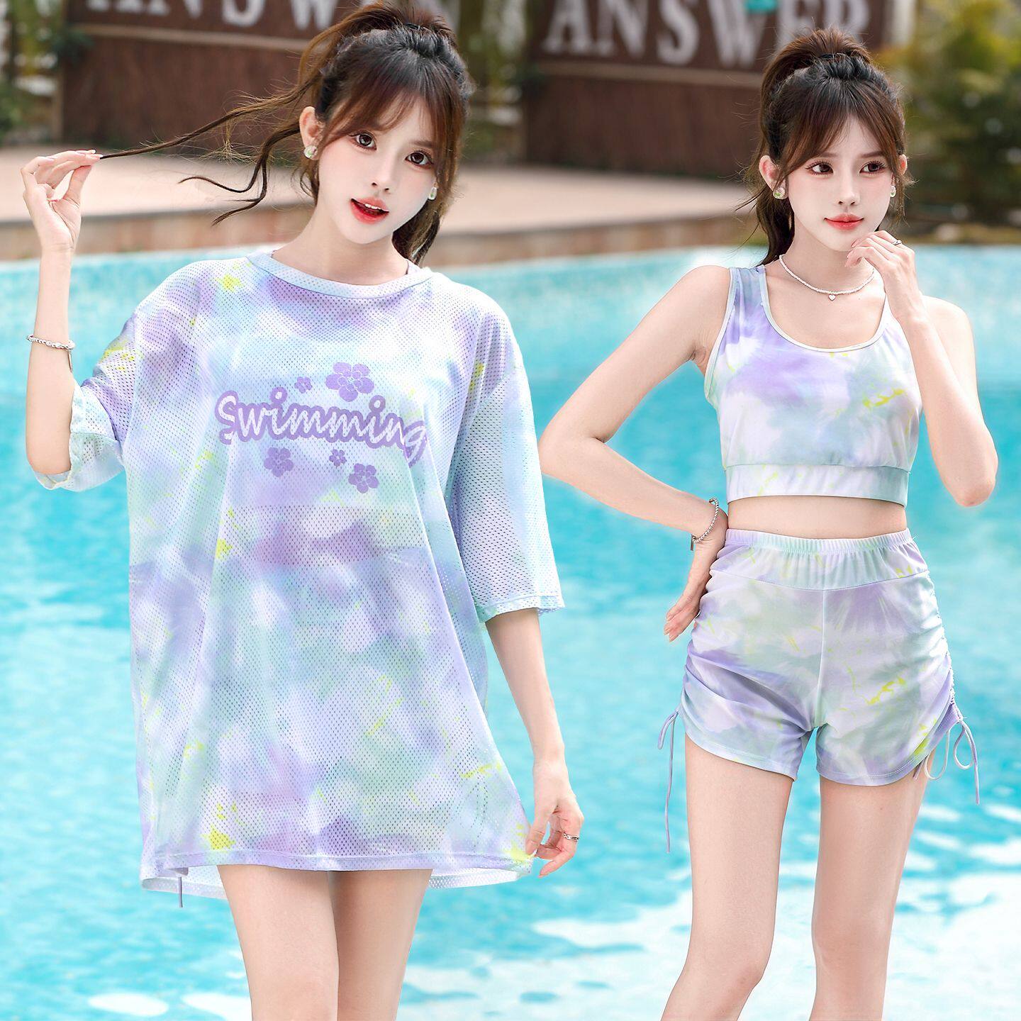 泳衣女士保守分体五分裤爆款泡温泉三件套大码胖mm遮肉显瘦泳装