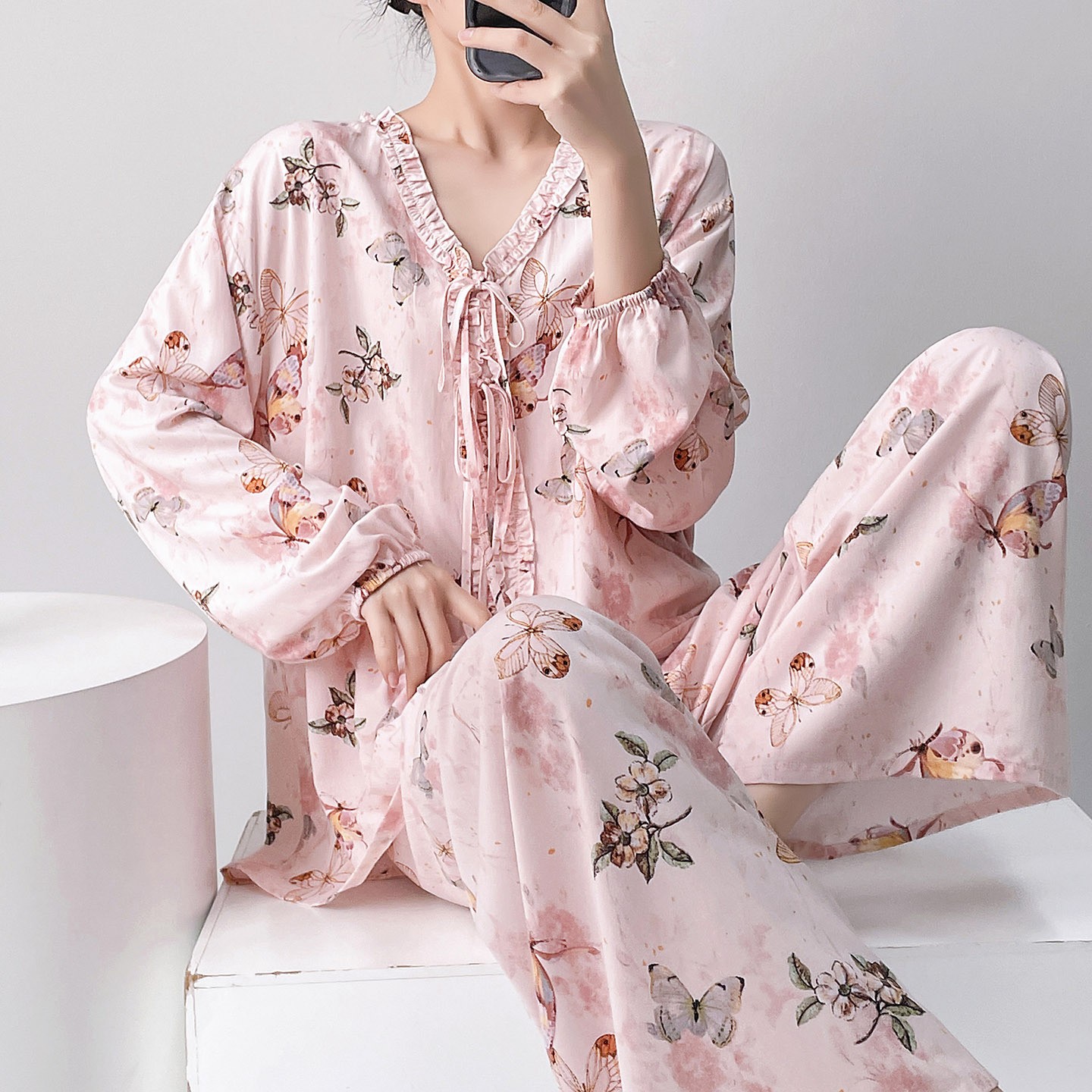 长袖棉绸加肥睡衣套装女