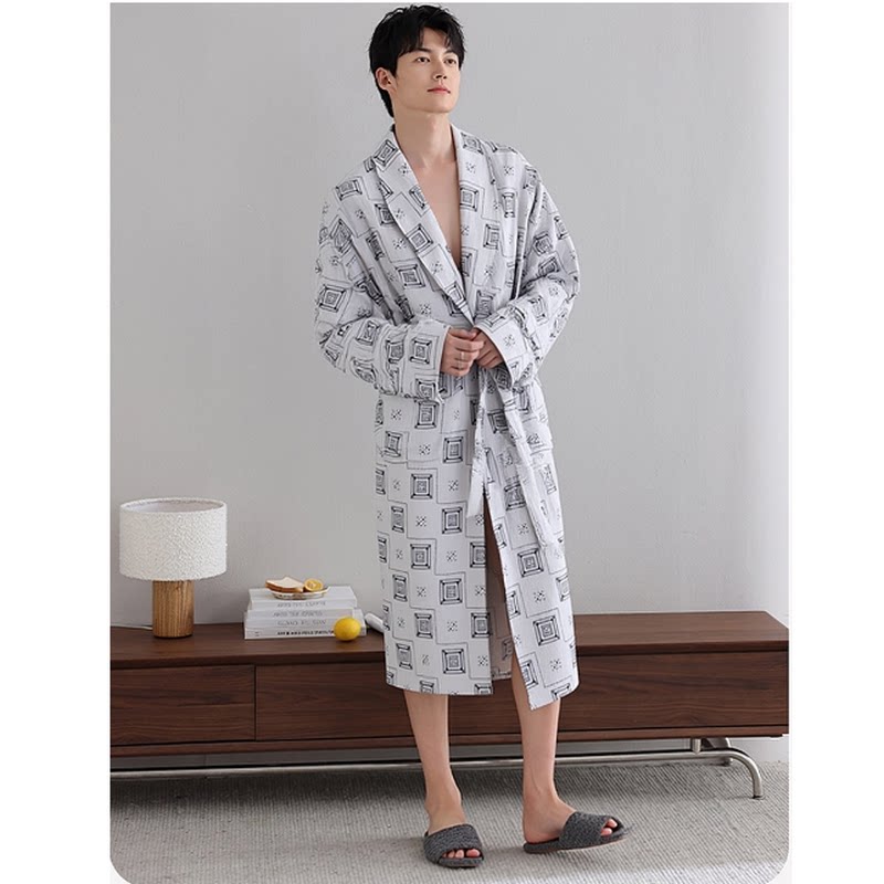 新款春秋季薄款男士加肥大码针织棉长袖睡袍宽松家居服格子浴袍