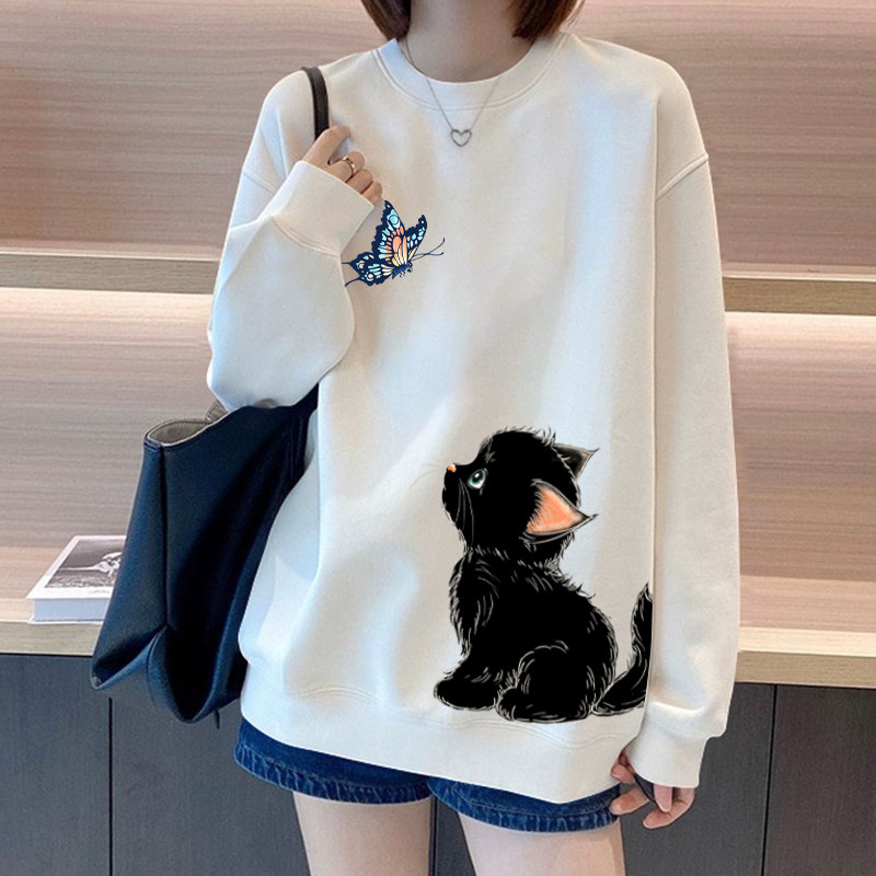 White Round Neck Women's Sweater 2025 Autumn/Winter New Bestseller European Style Fleece Lined Thick Hoodless Loose Plus Size Top