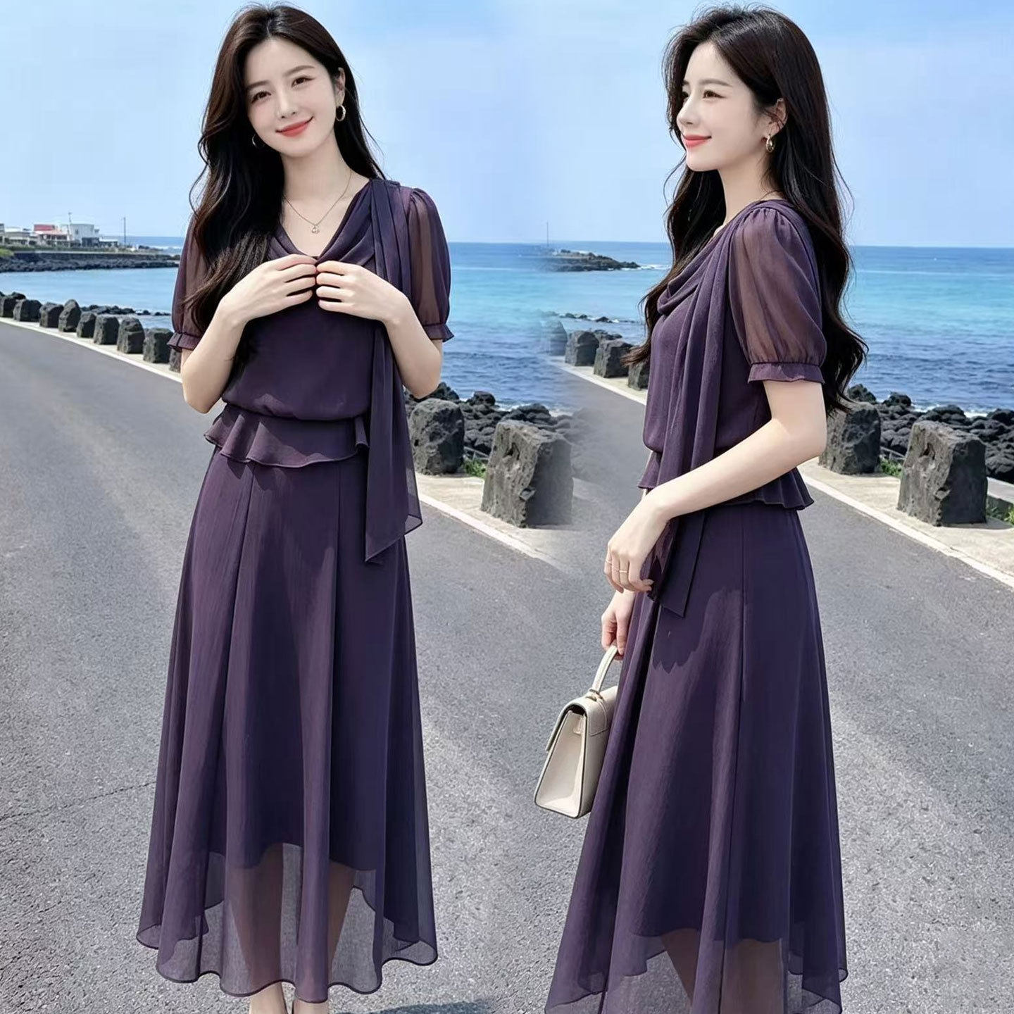 中青年女装时尚气质短袖连衣裙夏季2026新款中年妈妈装过膝长裙子