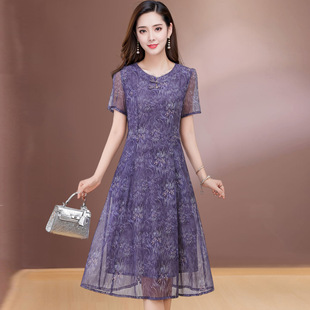 气质时尚过膝长裙子中青年女装夏装短袖连衣裙2026新款中年妈妈装