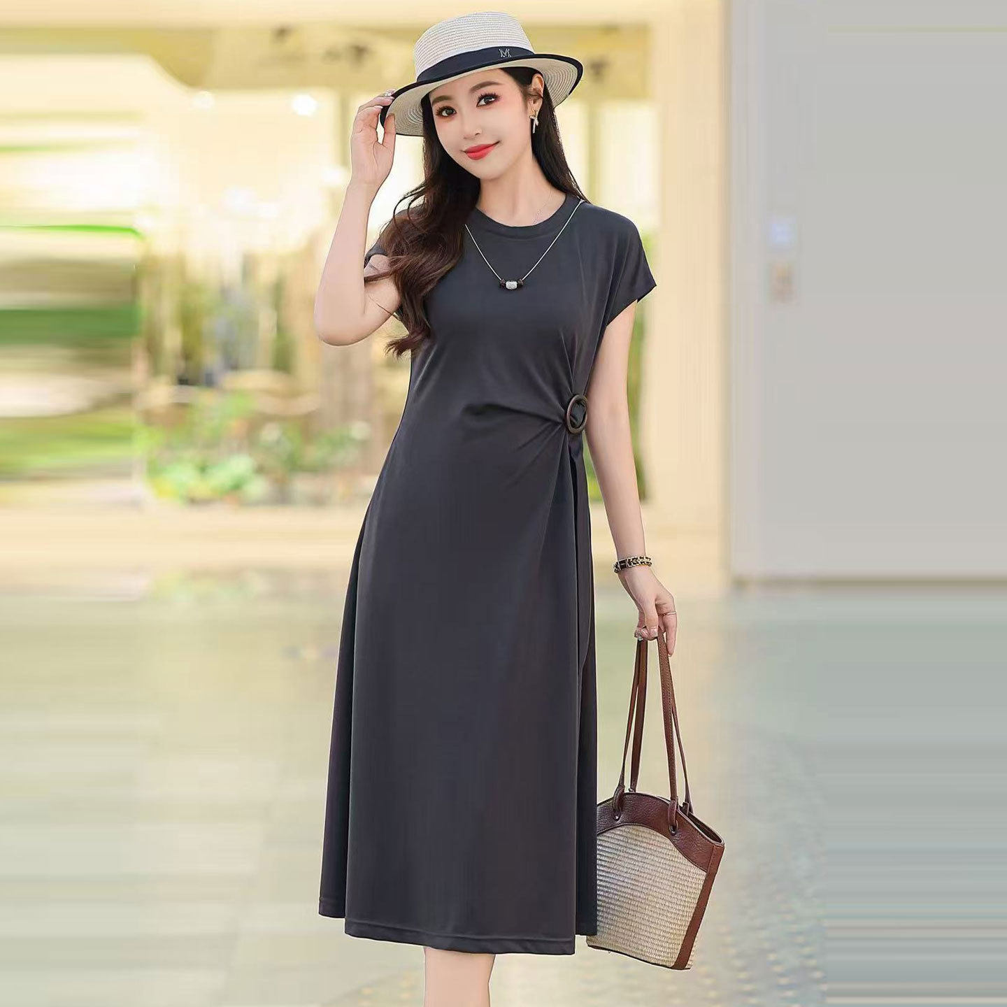 中年妈妈装黑色短袖连衣裙子夏季2026新款中青年女装小个子中长裙