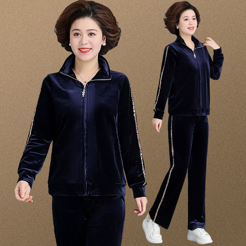 中老年妈妈女装休闲运动金丝绒两件套裤春秋长袖衫阔腿裤上下套装