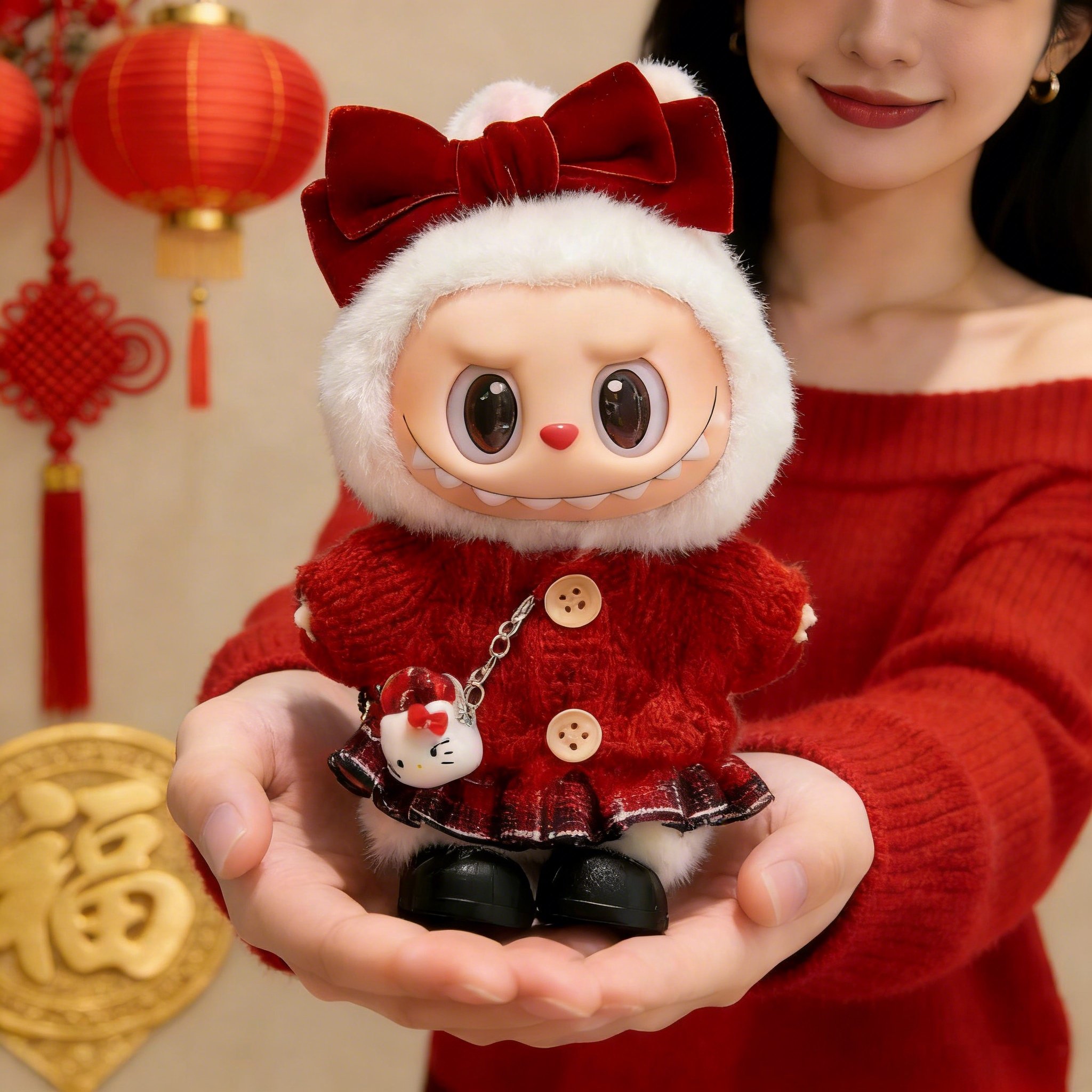 一二三代拉布布娃衣大红色新年套装毛衣短裙蝴蝶结17cmlabubu衣服,模玩/动漫/周边/娃圈三坑/桌游,棉花娃娃/毛绒玩具娃衣,淘宝优惠券,粉丝福利购,淘宝优惠卷