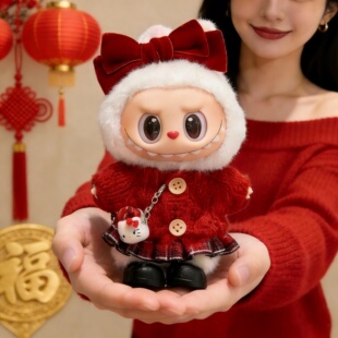 一二三代拉布布娃衣大红色新年套装毛衣短裙蝴蝶结17cmlabubu衣服