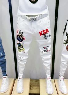 欧洲站印花刺绣图案白色牛仔裤抖音快手红人同款小脚裤修身潮男新