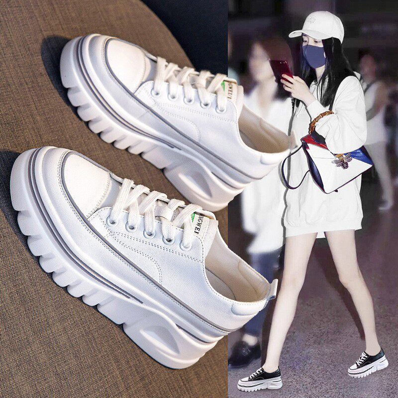2024新款真皮女时尚百搭松糕厚底增高休闲系带单运动鞋小白鞋