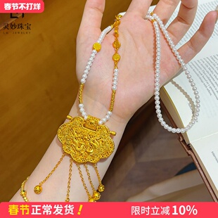 金店同款沙金天子门生流苏锁包项链龙凤呈祥平安喜乐珍珠毛衣链女