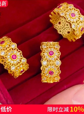 女沙金花丝玫红钻玫瑰窗花戒指