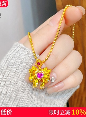 女沙金点钻爱心蝴蝶结项链吊坠