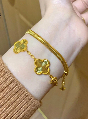 女沙金镭射金色四叶草五花手链