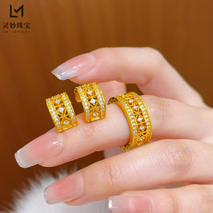 金店同款沙金镂空花丝风雨桥戒指点钻雕花食指戒耳钉精致女送礼物