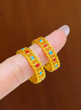 女沙金珐琅彩镂空花丝闭口戒指