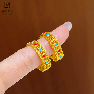 金店同款珐琅彩镂空花丝戒指蕾丝蝴蝶结闭口金色指环轻奢送女友礼