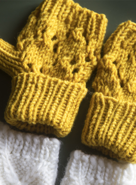 【自由生长】23AW原创手工全羊毛姜黄色白色半指毛线手套保暖手套