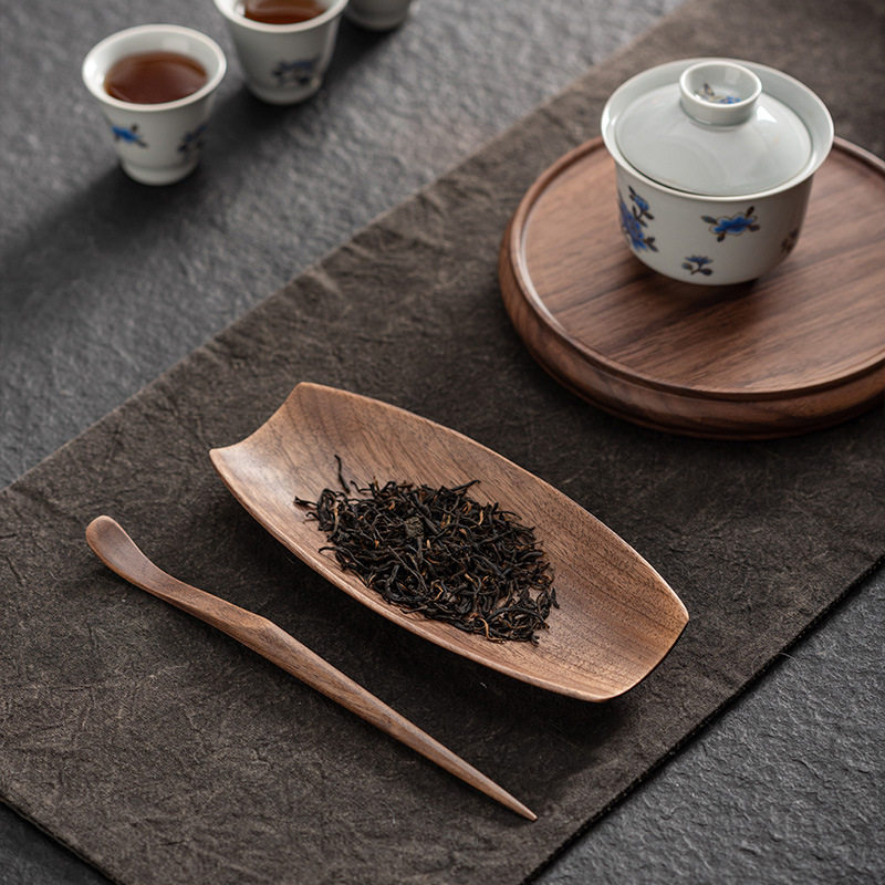 实木复古一体无漆茶则二件套手工茶荷茶拨茶勺套装茶道专用配件