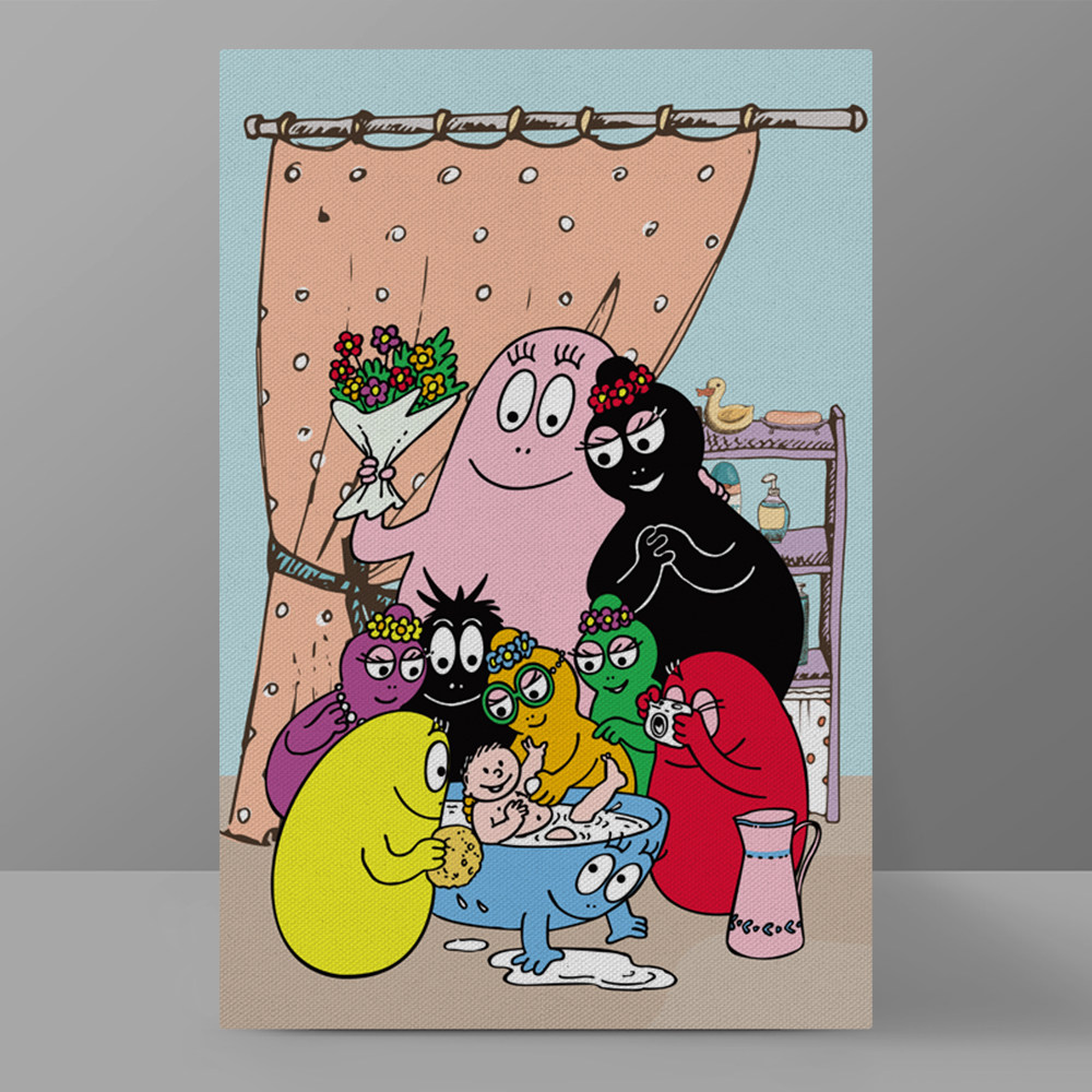 温馨的巴巴爸爸一家人给小baby洗澡装饰画80后怀旧动画片卡通挂画