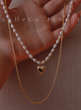 LANHEGE珍珠双层心形项链