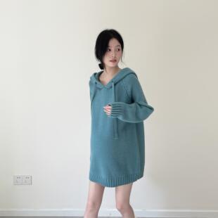 孕妇装秋冬新款设计感连帽宽松慵懒风中长款套头毛衣针织衫连帽女