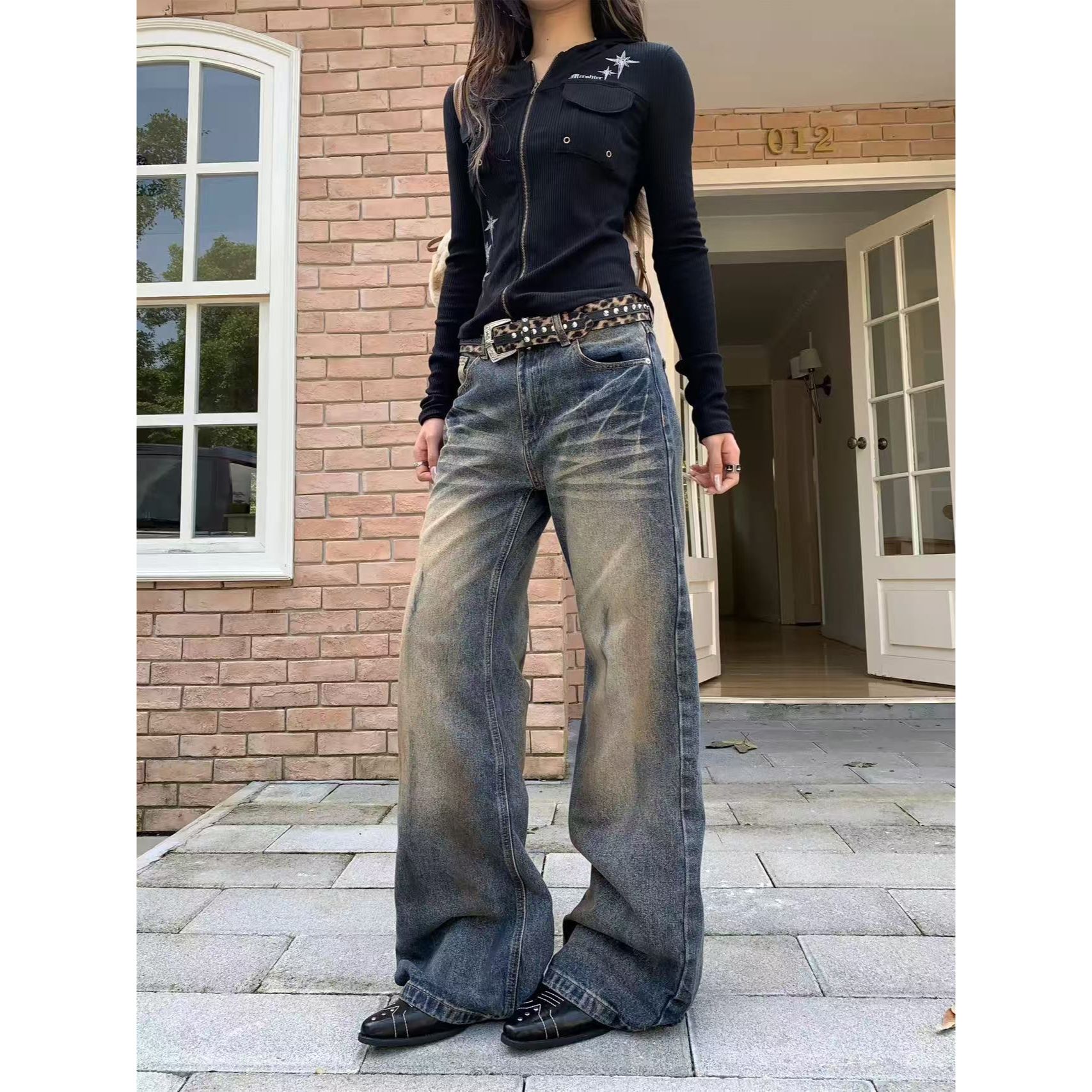 直筒阔腿裤水洗牛仔裤女磨白复古蓝色宽松低腰裤子百搭做旧水洗