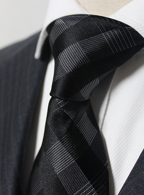 黑灰色方格真丝领带男正装7cm桑蚕丝英伦商务休闲两用领带BZ7010