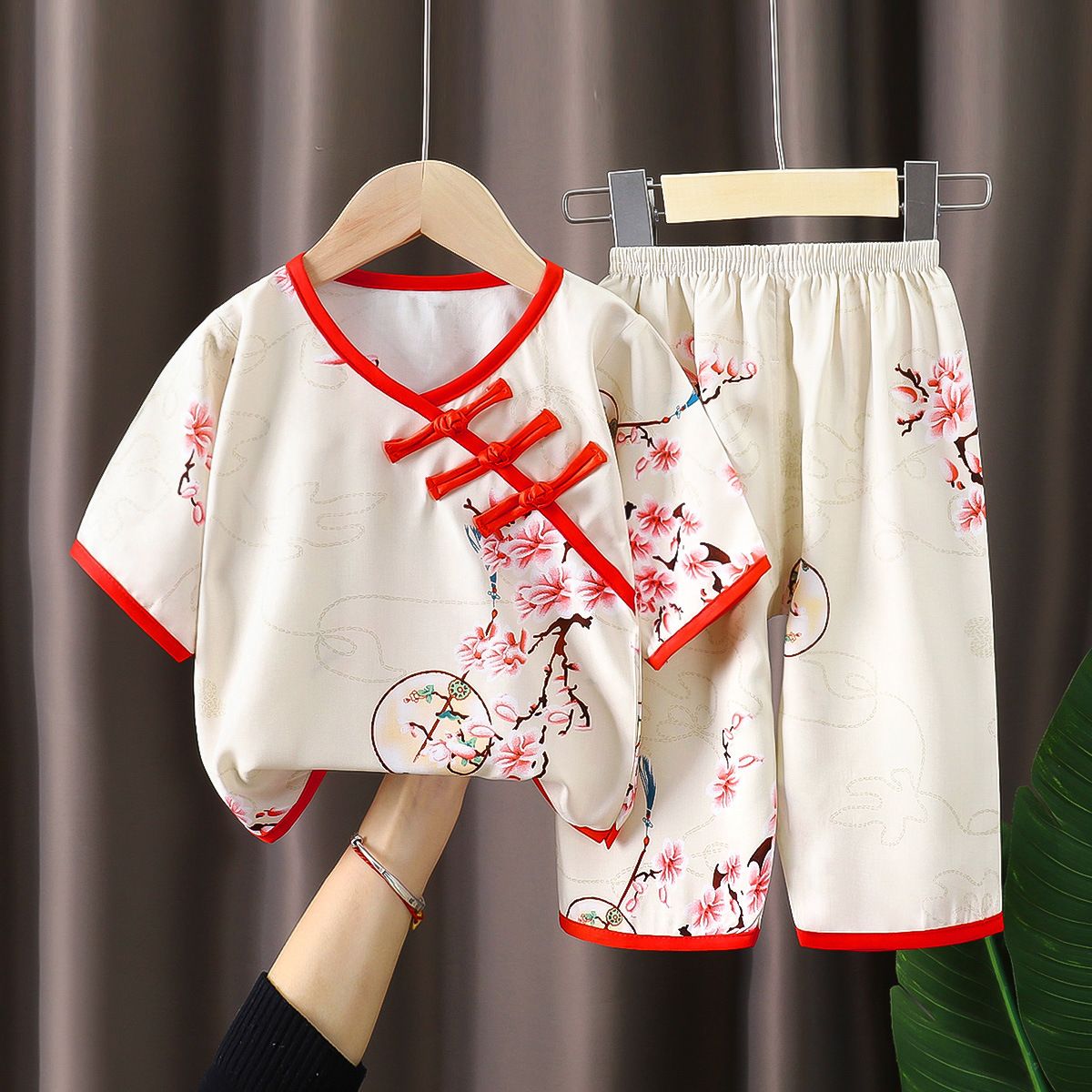夏季新款棉绸套装女宝外穿国风人造棉两件套童套装民族风汉服