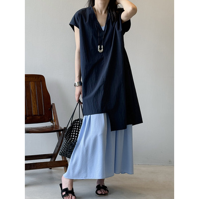 言双韩系不规则叠穿V领上衣套装