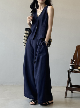 言双 天丝亚麻无袖马甲上衣82505+阔腿裤两件套夏季简约套装9813