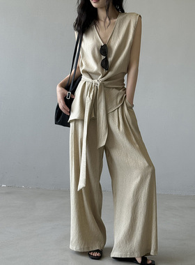 言双 老钱风V领亚麻绑带收腰无袖上衣+休闲裤夏季新款两件套82526