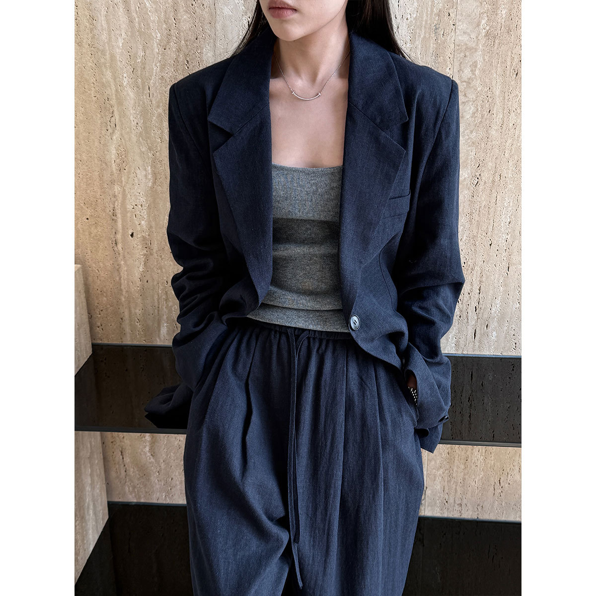 秋季天丝亚麻小西装裤套装女