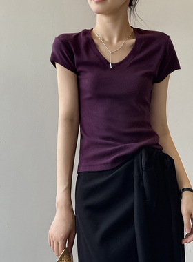 言双 U领正肩短袖t恤女夏季小修身显瘦别致绝美甜辣小上衣82295