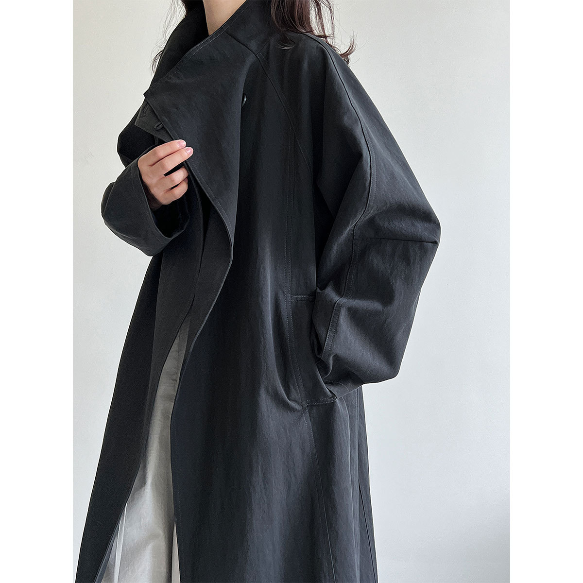 秋季韩系一粒扣立领中长风衣女