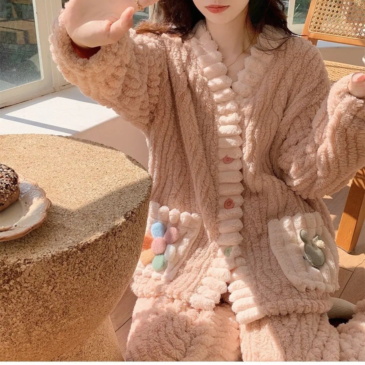 彩虹开衫睡衣女法兰绒套