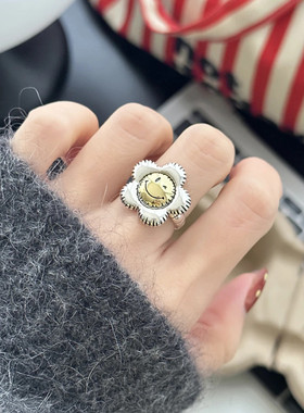 韩版s925镀银笑脸太阳花戒指女开口可调节小众高级2025年新品手饰