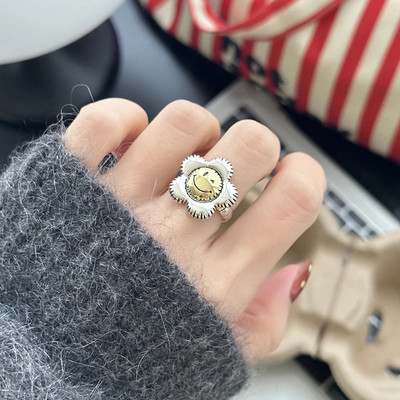 韩版s925镀银笑脸太阳花戒指女开口可调节小众高级2025年新品手饰