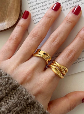 韩版新款925镀银高光线条交叉戒指女网红INS时尚个性百搭通勤指环