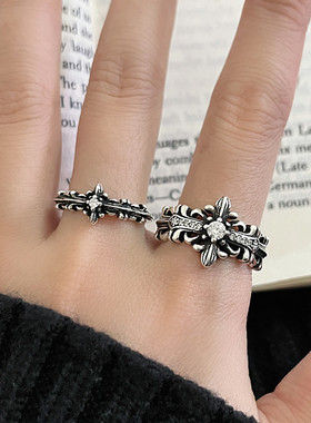 暗黑系复古宫廷风戒指女中古风锆石十字架戒指小众设计感时尚百搭